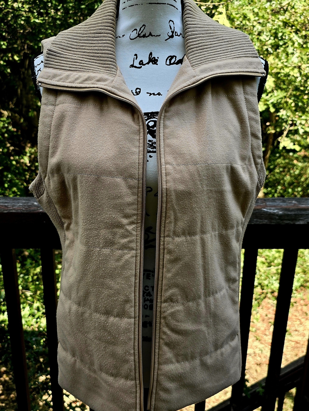 Chico's Tan Quilted Fleece Vest with Ribbed Collar